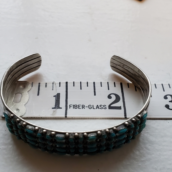 Vintage Zuni Native American Needlepoint Turquoise and Silver Cuff Bracelet - Picture 9 of 12